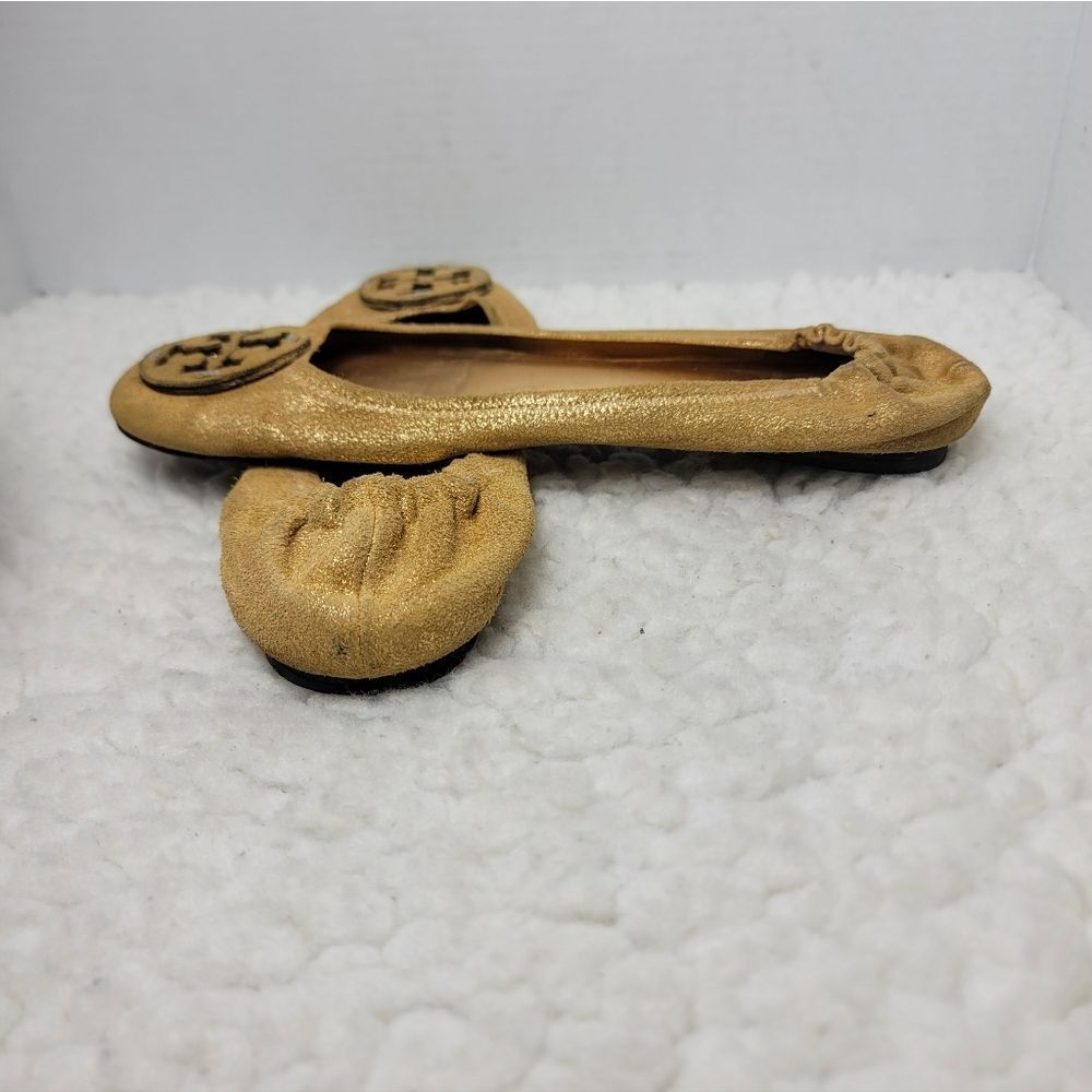 Tory Burch Reva Ballet Flats Women’s 10.5 Gold Metallic Leather Logo Shoes - Picture 7 of 13